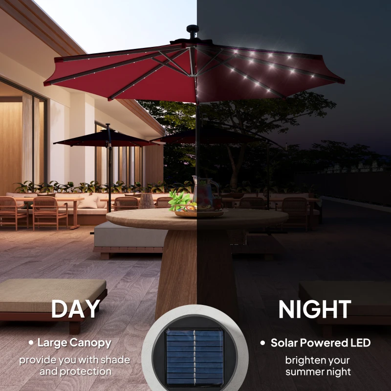 Outsunny 10ft Outdoor Cantilever Umbrella Banana Umbrella with Solar Lights and Adjustable Angle for Patio Backyard Wine Red