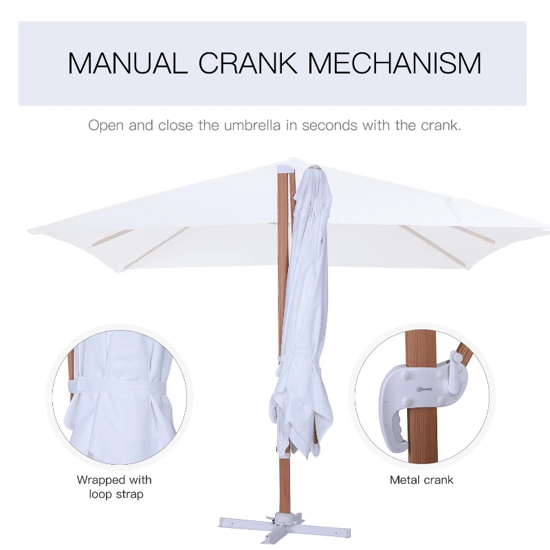 Outsunny 10ft x 10 ft Patio Offset Parasol Hanging Cantilever Umbrella with Deluxe Wood Pattern Effect Design, Adjustable Tilt and 360° Rotation, White
