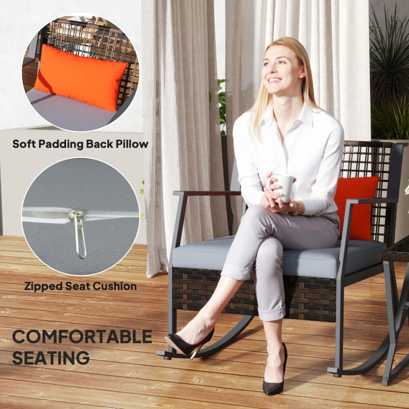 Outsunny 3 Pieces Rocking Bistro Set, Wicker Patio Furniture Set with Cushions and Glass Table for Porch, Balcony, Grey