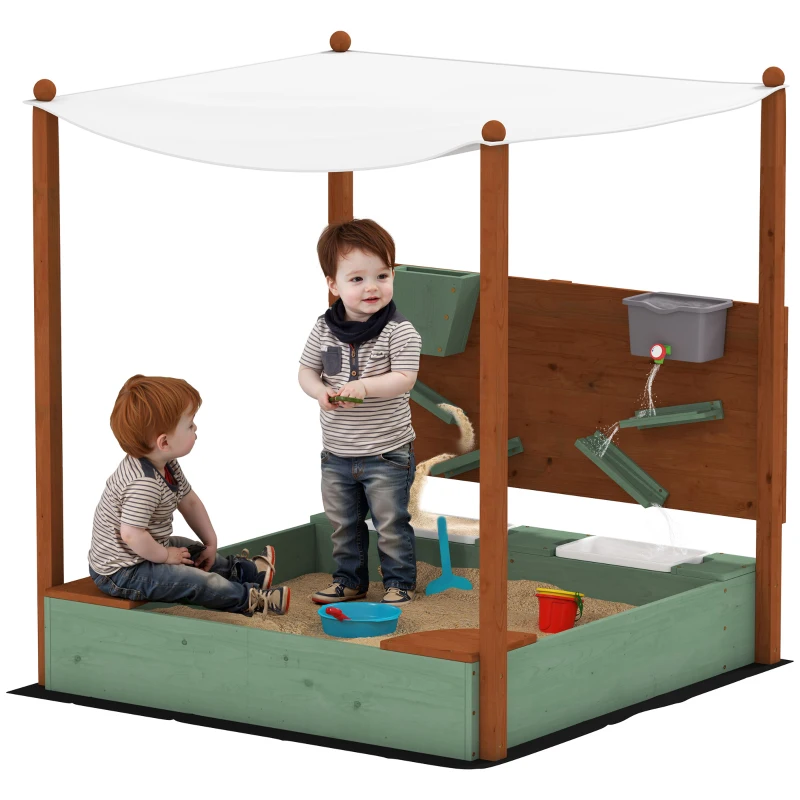Qaba Wooden Kids Sandbox with Canopy, Sand Wall, Bottom Liner, for 3-6 Years, 46" x 44" W x 50", Green