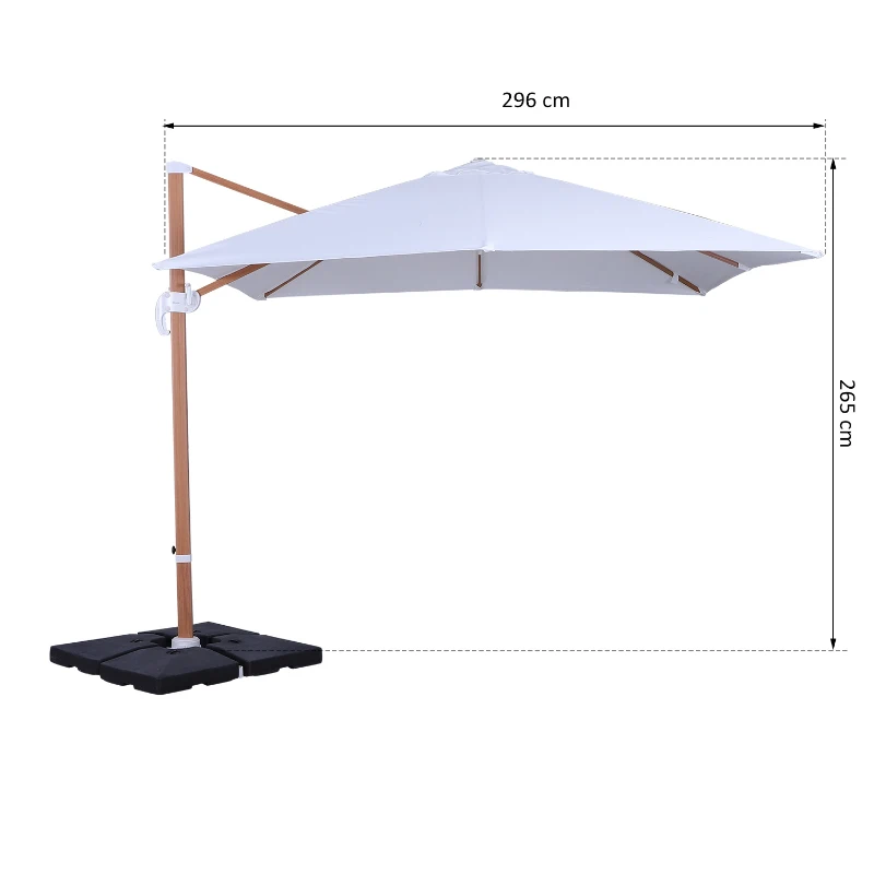 Outsunny 10ft x 10 ft Patio Offset Parasol Hanging Cantilever Umbrella with Deluxe Wood Pattern Effect Design, Adjustable Tilt and 360° Rotation, White