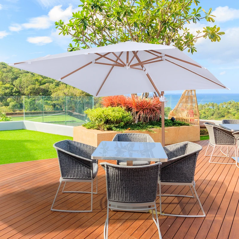 Outsunny 10ft x 10 ft Patio Offset Parasol Hanging Cantilever Umbrella with Deluxe Wood Pattern Effect Design, Adjustable Tilt and 360° Rotation, White