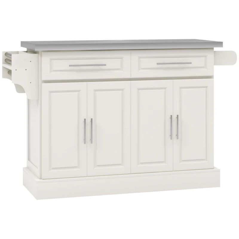 HOMCOM Rolling Kitchen Island with Stainless Steel Top, 2 Drawers, Spice, Knife and Towel Rack and Cabinets, Cream White