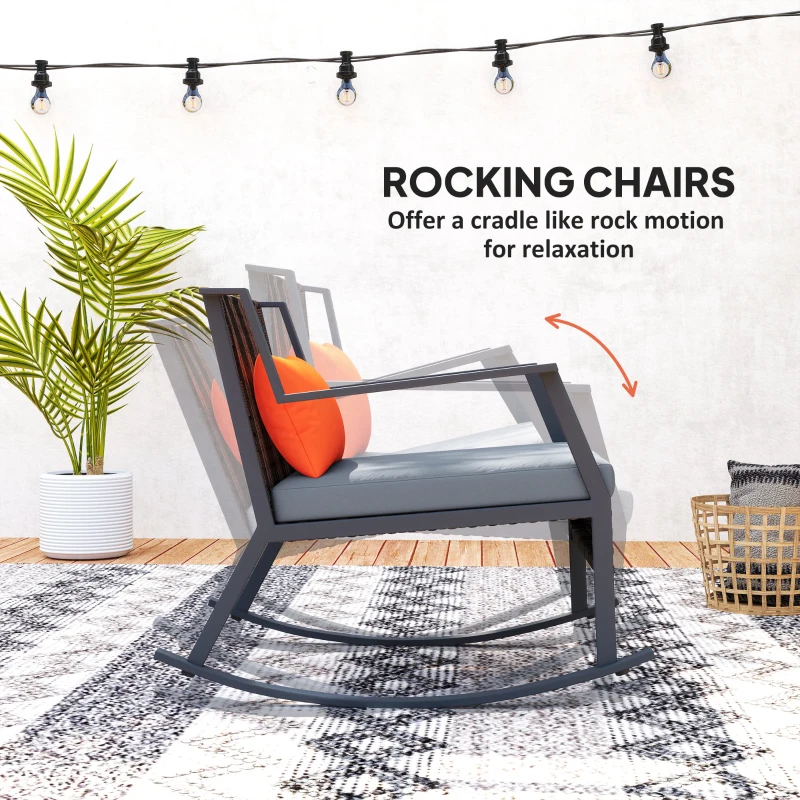 Outsunny 3 Pieces Rocking Bistro Set, Wicker Patio Furniture Set with Cushions and Glass Table for Porch, Balcony, Grey