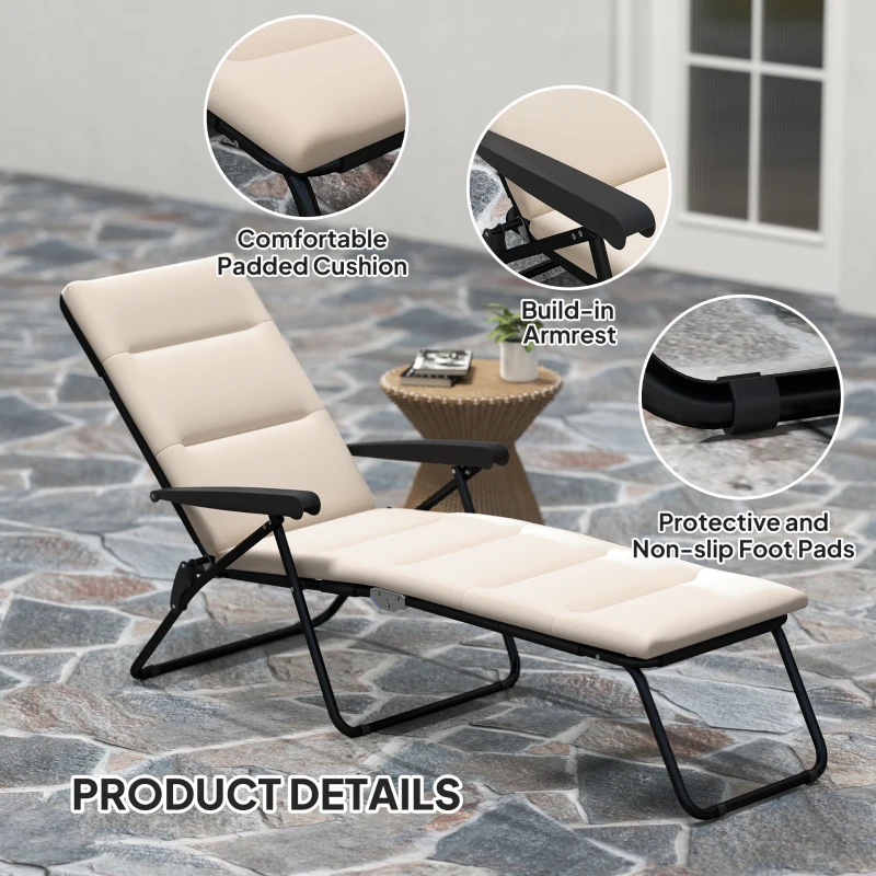 Outsunny Foldable Lounge Chair, Reclining Patio Sun Lounger with 6-Position Adjustable Back, Beige