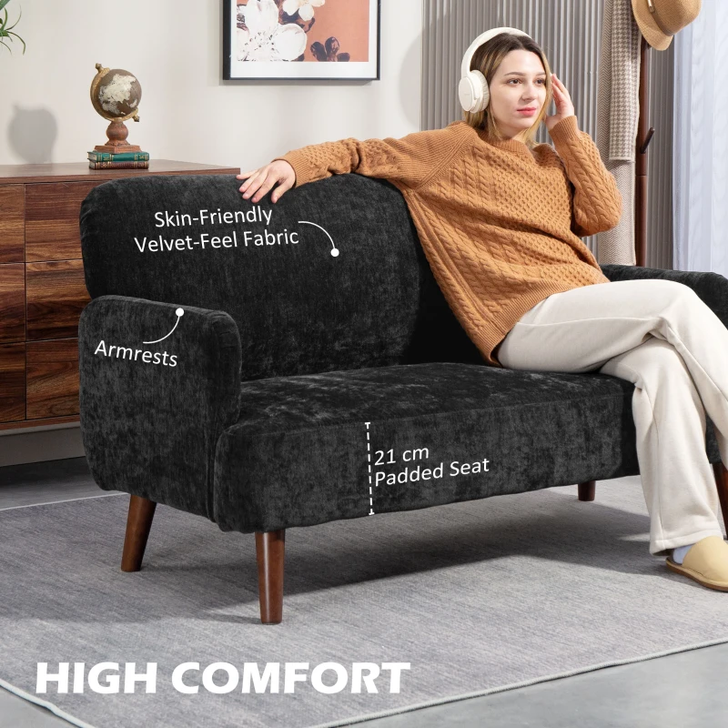 HOMCOM Velvet Feel Fabric 2 Seater Sofa, Small Sofa Loveseat with 8.3" Thick Padding and Wood Legs, Black