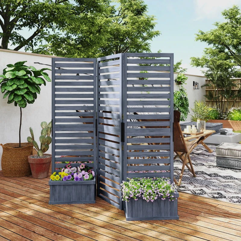 Outsunny Wood Privacy Screen w/ 4 Planter Box, Raised Bed w/ 3 Panels & Drainage Holes