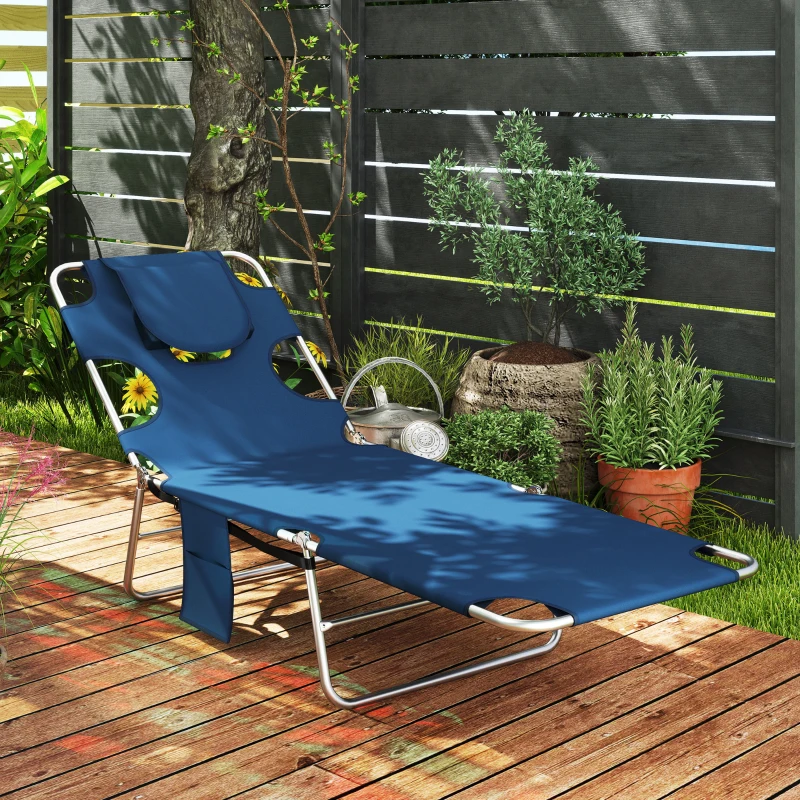 Outsunny Folding Outdoor Chaise Lounge Sun Tanning Chair with Face Cavity, Pillow, 5-level Adjustable for Beach, Pool, Dark Blue