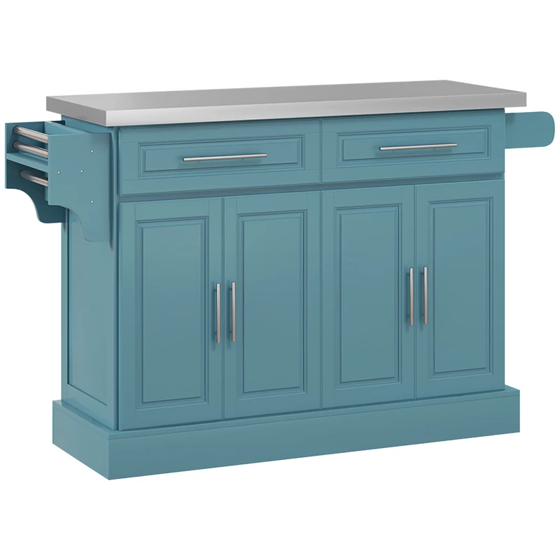 HOMCOM Rolling Kitchen Island with Stainless Steel Top, 2 Drawers, Spice, Knife and Towel Rack and Cabinets, Teal Blue