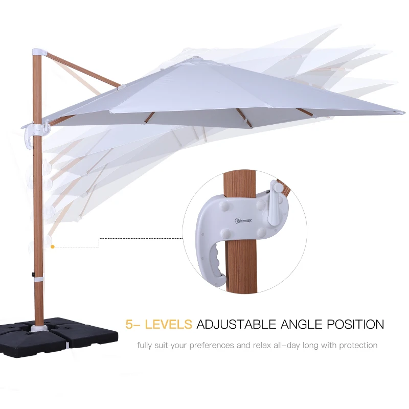 Outsunny 10ft x 10 ft Patio Offset Parasol Hanging Cantilever Umbrella with Deluxe Wood Pattern Effect Design, Adjustable Tilt and 360° Rotation, White