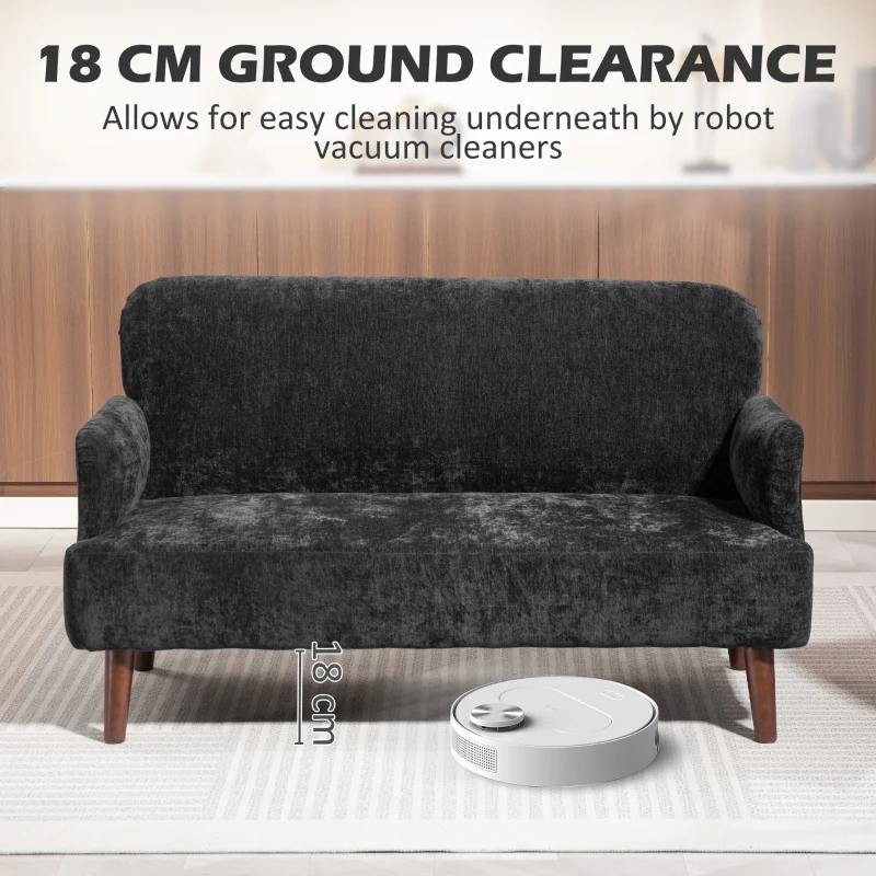 HOMCOM Velvet Feel Fabric 2 Seater Sofa, Small Sofa Loveseat with 8.3" Thick Padding and Wood Legs, Black