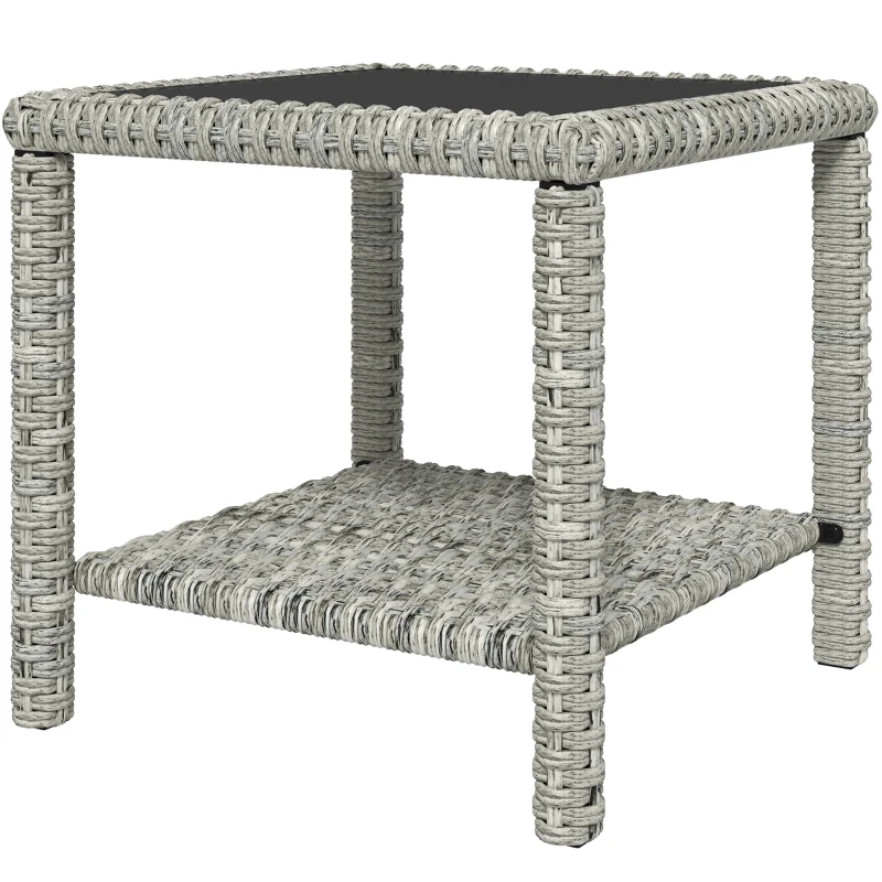 Outsunny 19" Outdoor Wicker Coffee Table with Glass Top, Storage Shelf for Garden Porch Balcony Deck, Dark Grey