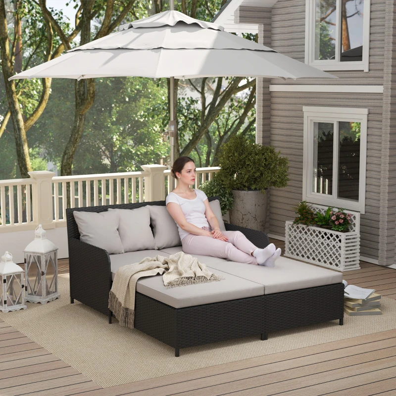 Outsunny Rattan Outdoor Daybed, Sunbed Loveseat with Soft Cushions, 4 Pillows, Curved Backrest & Armrest, Light Grey