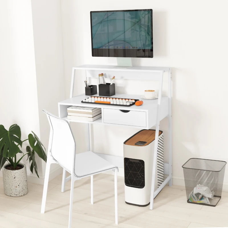 HOMCOM Home Office desk, Computer Desk for Small Spaces, Study Table with Drawer and Storage Shelves, White