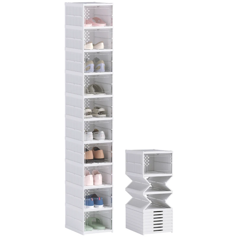 HOMCOM Stackable Plastic Shoe Boxes, 10 Pack Foldable Shoe Storage Boxes with Clear Door, No Assembly, Fit Size 10, White