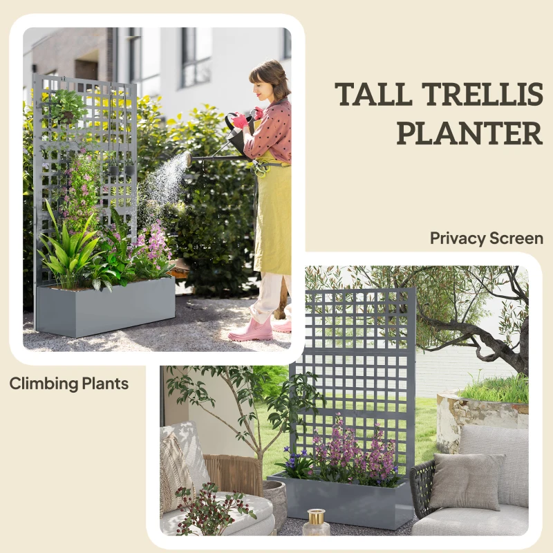 Outsunny Galvanized Raised Garden Bed Planter Box with Trellis for Climbing Plants, Vegetable, Vines, 43" x 16" x 70", Gray