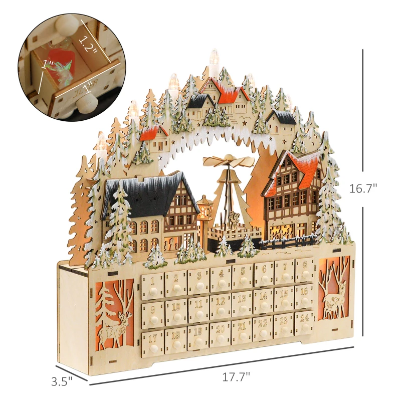 HOMCOM Wooden Christmas Advent Calendar with 24 Fillable Countdown Drawers and LED Lights, Battery Operated