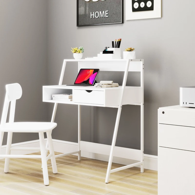HOMCOM Home Office desk, Computer Desk for Small Spaces, Study Table with Drawer and Storage Shelves, White