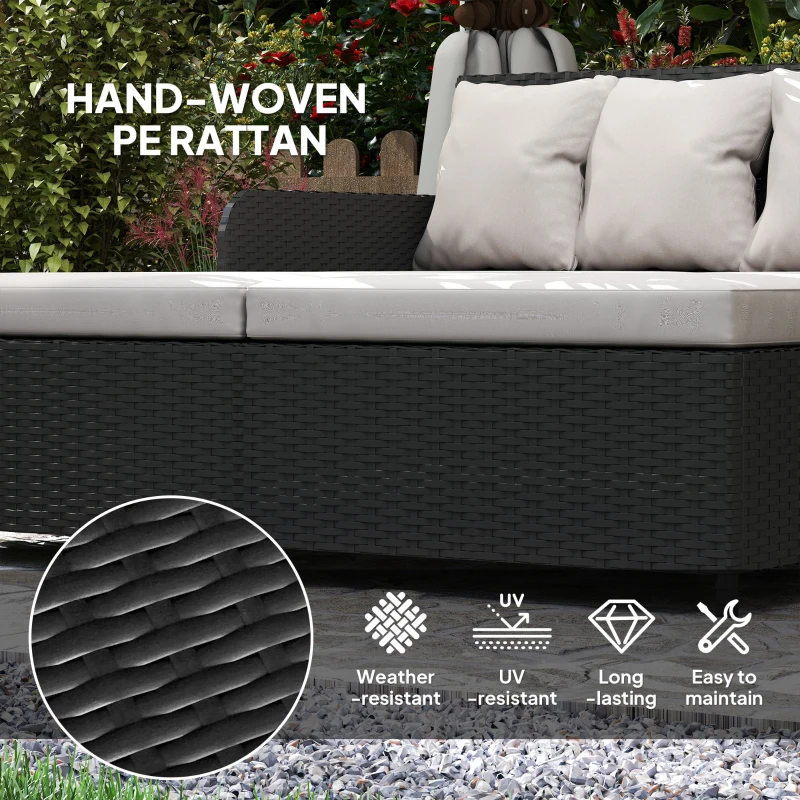 Outsunny Rattan Outdoor Daybed, Sunbed Loveseat with Soft Cushions, 4 Pillows, Curved Backrest & Armrest, Light Grey