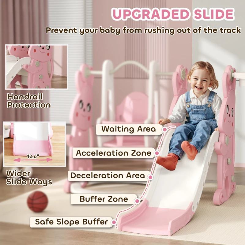 Qaba 4 in 1 Toddler Slide and Swing Set with Climber, Basketball Hoop, Rabbit Themed Kids Playset for Ages 1.5-4, Pink