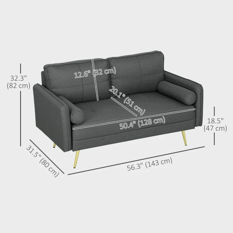 HOMCOM 56" Loveseat Sofa for Bedroom Upholstered 2 Seater Couch with Back Cushions and Pillows, Dark Grey