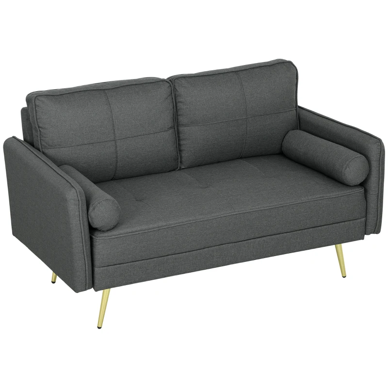 HOMCOM 56" Loveseat Sofa for Bedroom Upholstered 2 Seater Couch with Back Cushions and Pillows, Dark Grey