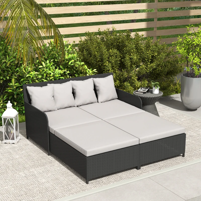 Outsunny Rattan Outdoor Daybed, Sunbed Loveseat with Soft Cushions, 4 Pillows, Curved Backrest & Armrest, Light Grey