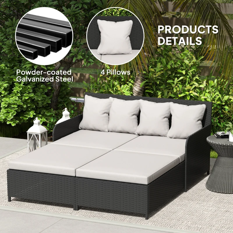 Outsunny Rattan Outdoor Daybed, Sunbed Loveseat with Soft Cushions, 4 Pillows, Curved Backrest & Armrest, Light Grey