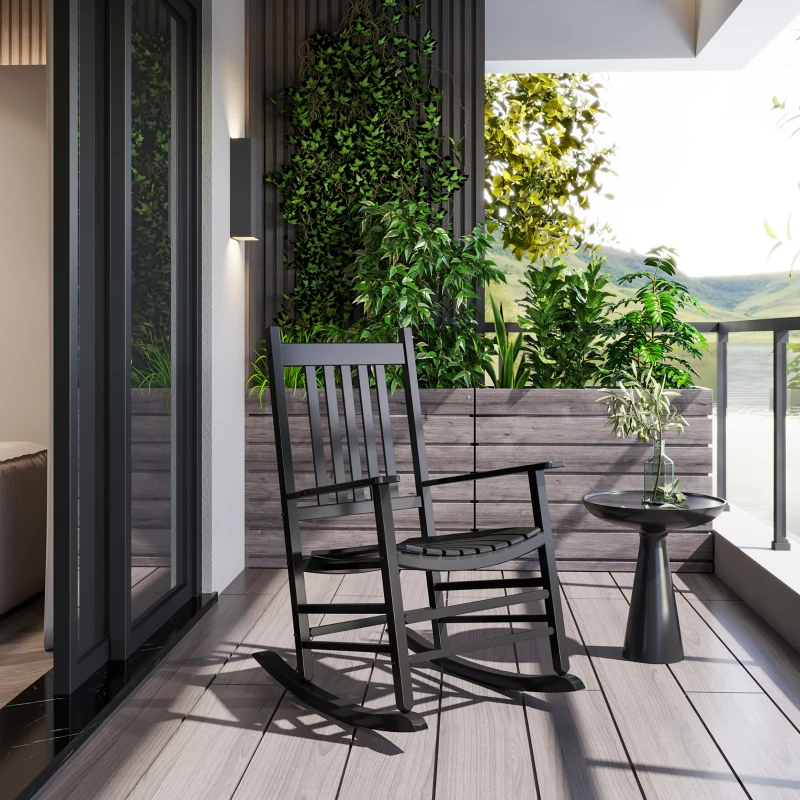 Outsunny Wooden Outdoor Rocking Chair with Armrests, High Back for Garden, Patio, Balcony, Porch, Black