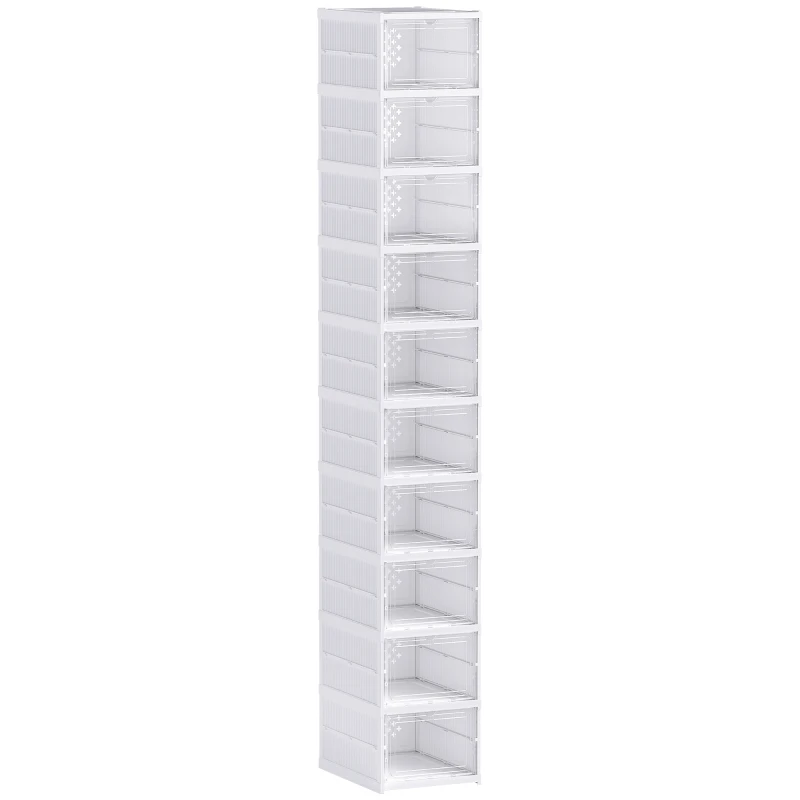 HOMCOM Stackable Plastic Shoe Boxes, 10 Pack Foldable Shoe Storage Boxes with Clear Door, No Assembly, Fit Size 10, White