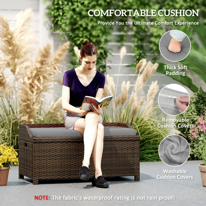 Outsunny Outdoor Wicker Storage Bench with Storage & Cushion, Gray