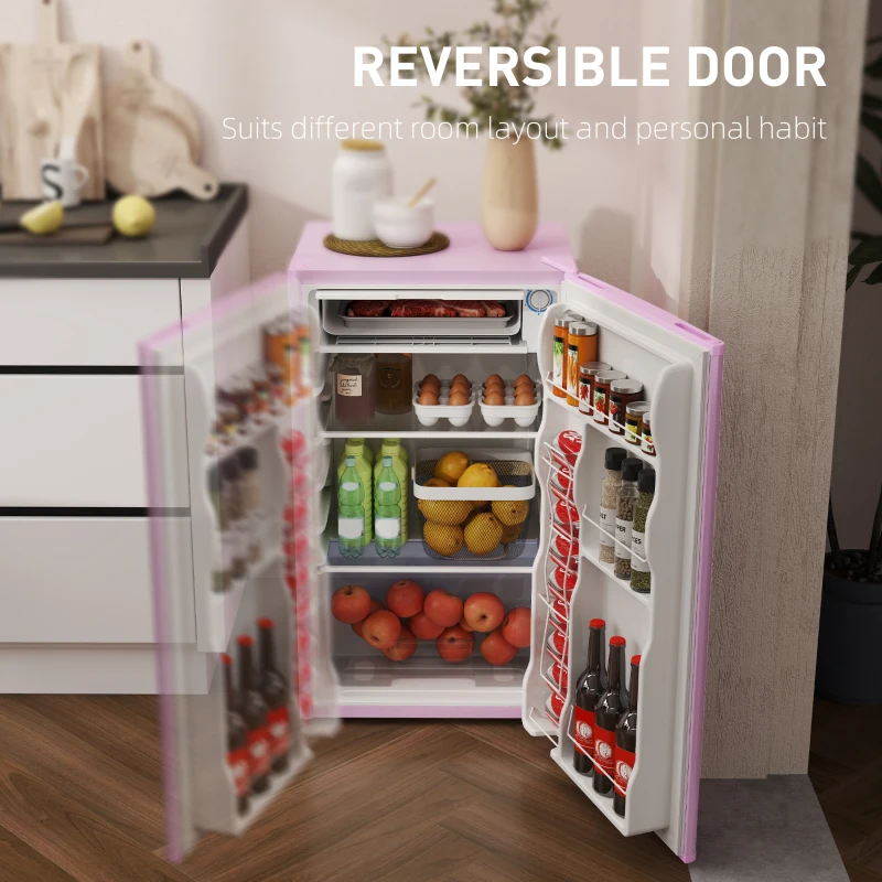 HOMCOM 3.2 Cu.Ft Mini Fridge with Freezer, Single Door Compact Refrigerator with Adjustable Thermostat, Reversible Door, Pink