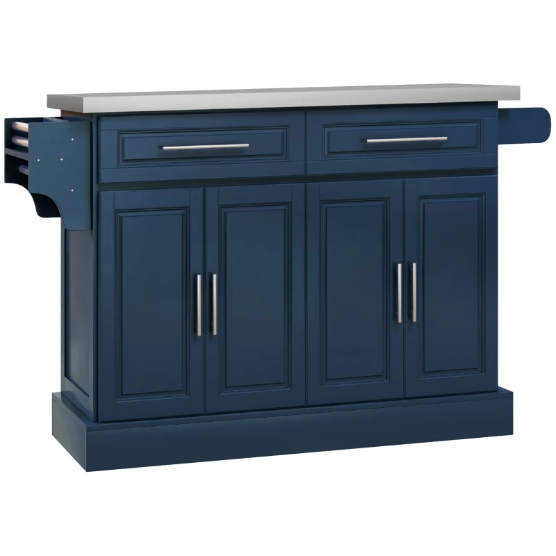 HOMCOM Rolling Kitchen Island with Stainless Steel Top, 2 Drawers, Spice, Knife and Towel Rack and Cabinets, Navy Blue