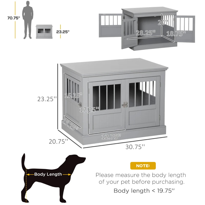 PawHut Wooden Dog Crate End Table, Dog Crate Furniture with Triple Doors, Puppy Crate for Small Dogs Indoor Use, Dark Gray