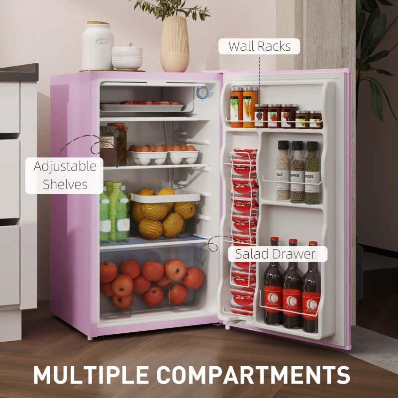 HOMCOM 3.2 Cu.Ft Mini Fridge with Freezer, Single Door Compact Refrigerator with Adjustable Thermostat, Reversible Door, Pink