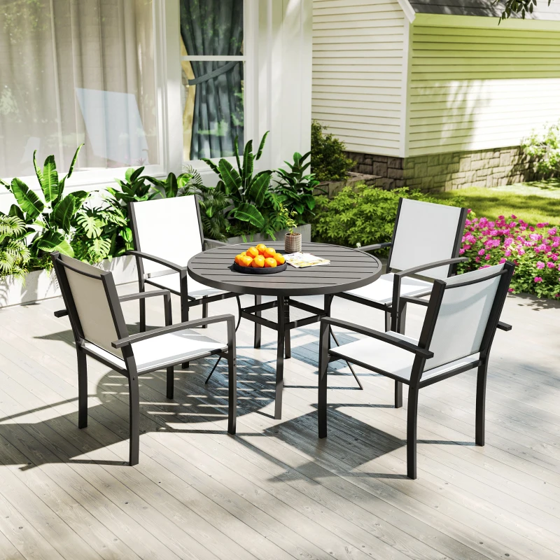 Outsunny 5 Piece Outdoor Dining Set with Round Table and 4 Stackable Chairs, for Backyard, Lawn, Deck, Balcony, Pool Side