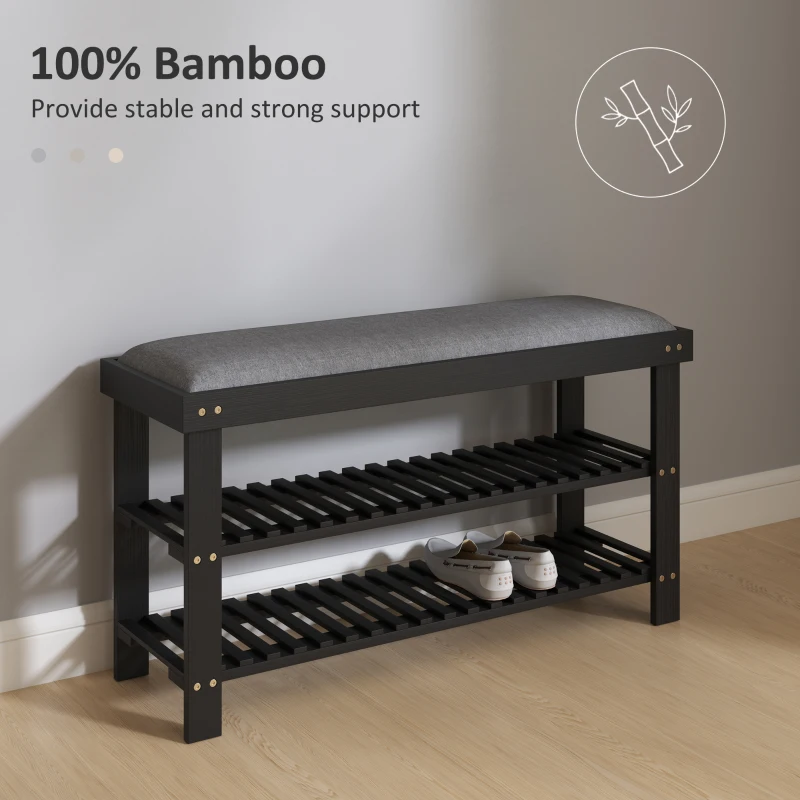HOMCOM Bamboo Shoe Storage Bench, 3-Tier Entryway Bench with Cushion, Shoe Organizer for Entryway, Hallway, Black