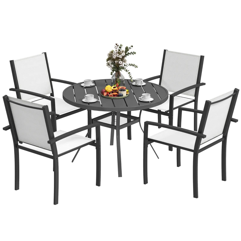 Outsunny 5 Piece Outdoor Dining Set with Round Table and 4 Stackable Chairs, for Backyard, Lawn, Deck, Balcony, Pool Side