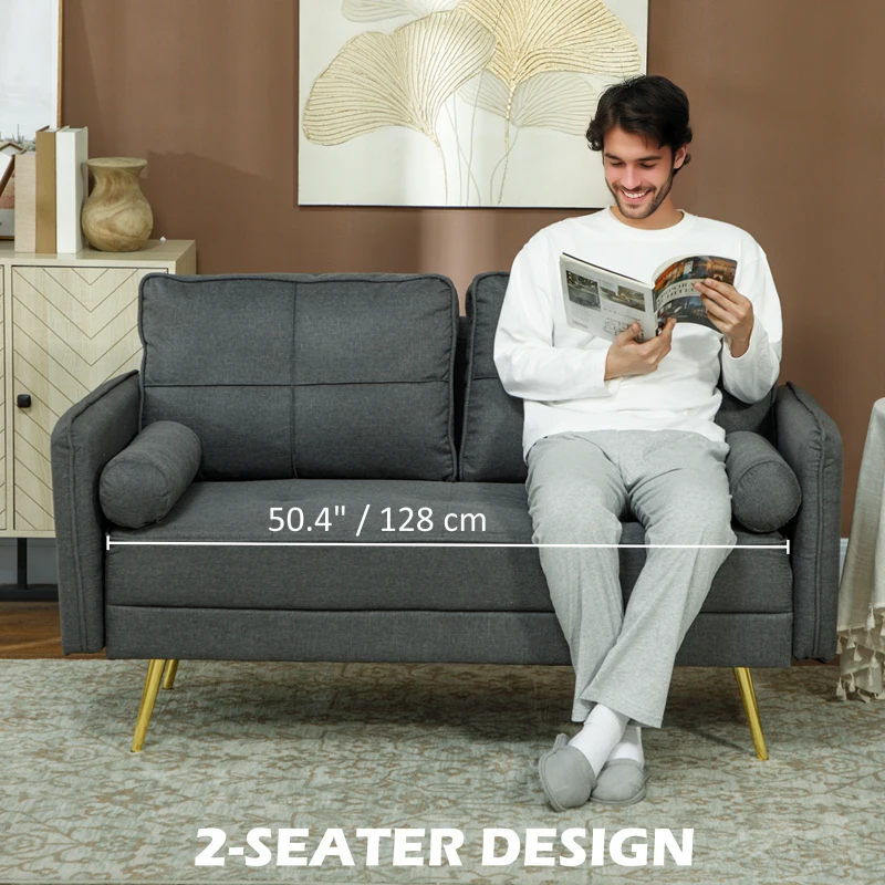 HOMCOM 56" Loveseat Sofa for Bedroom Upholstered 2 Seater Couch with Back Cushions and Pillows, Dark Grey