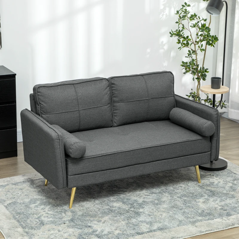 HOMCOM 56" Loveseat Sofa for Bedroom Upholstered 2 Seater Couch with Back Cushions and Pillows, Dark Grey