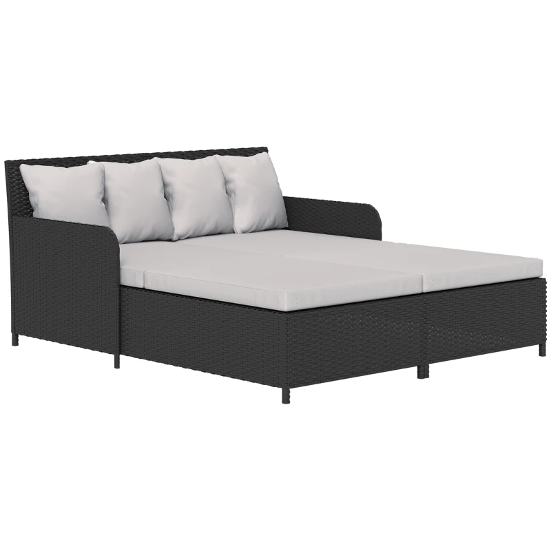 Outsunny Rattan Outdoor Daybed, Sunbed Loveseat with Soft Cushions, 4 Pillows, Curved Backrest & Armrest, Light Grey