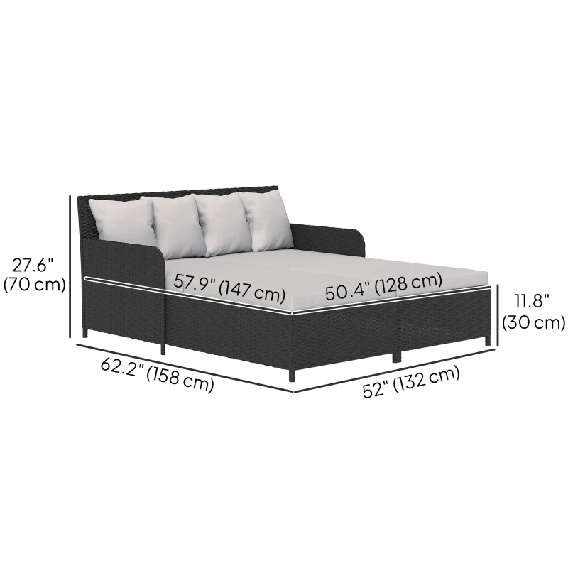 Outsunny Rattan Outdoor Daybed, Sunbed Loveseat with Soft Cushions, 4 Pillows, Curved Backrest & Armrest, Light Grey