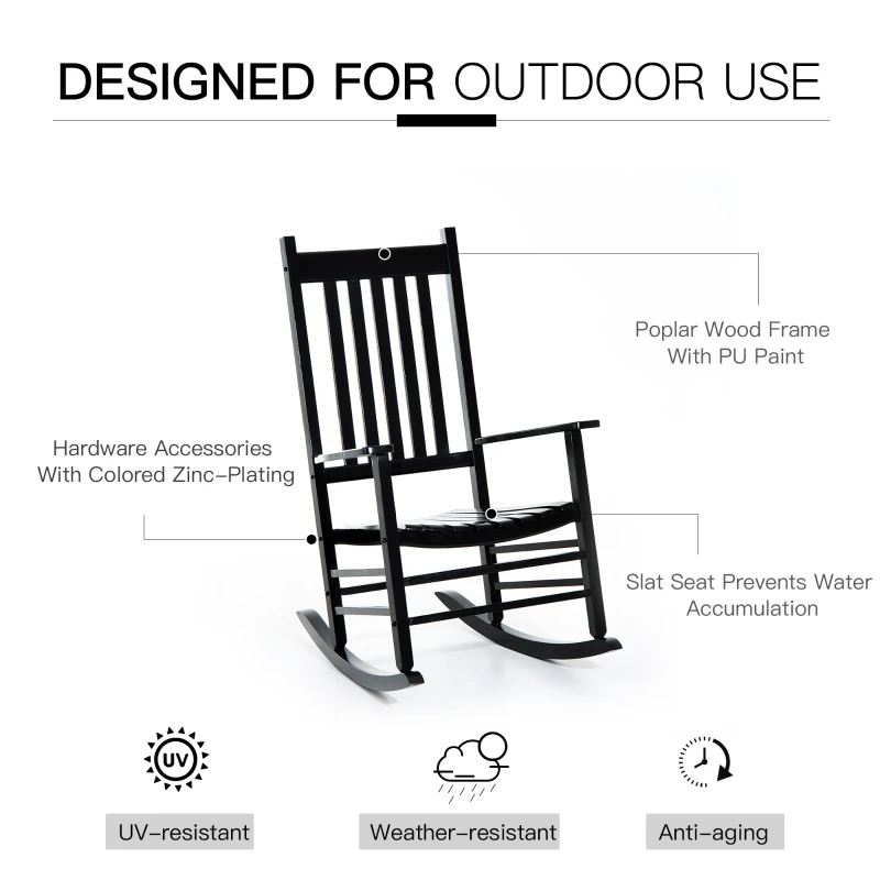 Outsunny Wooden Outdoor Rocking Chair with Armrests, High Back for Garden, Patio, Balcony, Porch, Black