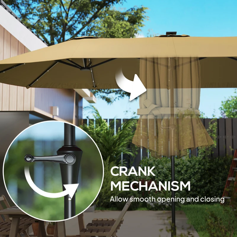 Outsunny 13ft Double-Sided Market Umbrella, Large Patio Umbrella with Solar Lights, Crank Handle for Garden, Pool, Yard, Khaki