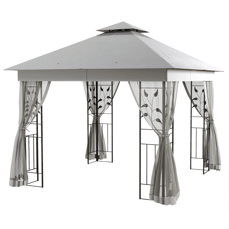 Outsunny 10'x10' Soft-top Steel Patio Gazebo Outdoor Sun Shelter with 2-Tier Polyester Roof, Curtain Sidewalls, Light Grey