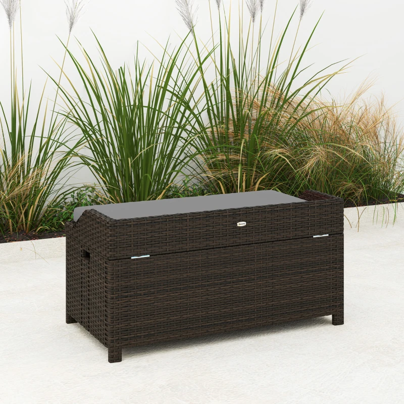Outsunny Outdoor Wicker Storage Bench with Storage & Cushion, Gray