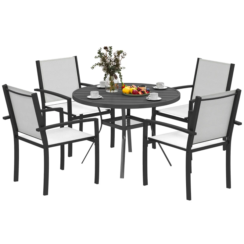 Outsunny 5 Piece Outdoor Dining Set with Round Table and 4 Stackable Chairs, for Backyard, Lawn, Deck, Balcony, Pool Side