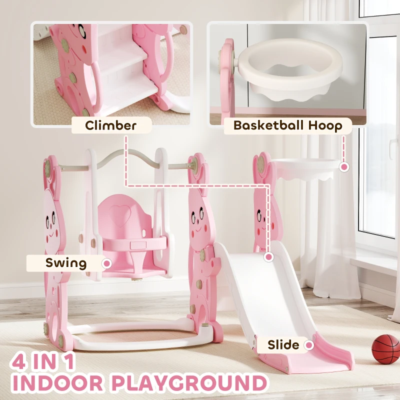 Qaba 4 in 1 Toddler Slide and Swing Set with Climber, Basketball Hoop, Rabbit Themed Kids Playset for Ages 1.5-4, Pink