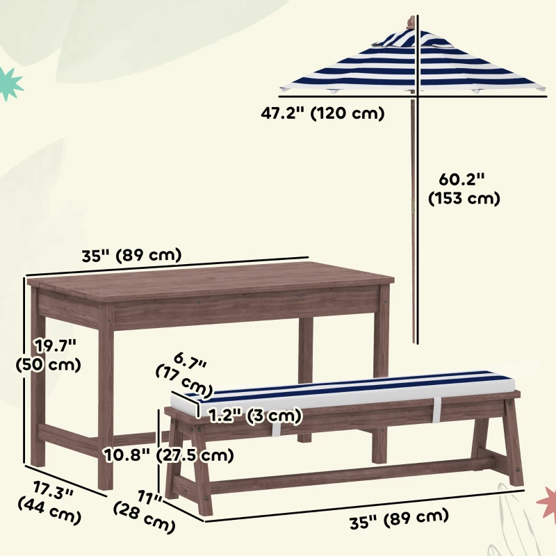 Qaba Wooden Kids Picnic Table & Bench Set with Removable Umbrella, Cushions, for Garden, Backyard, Patio, Navy Blue