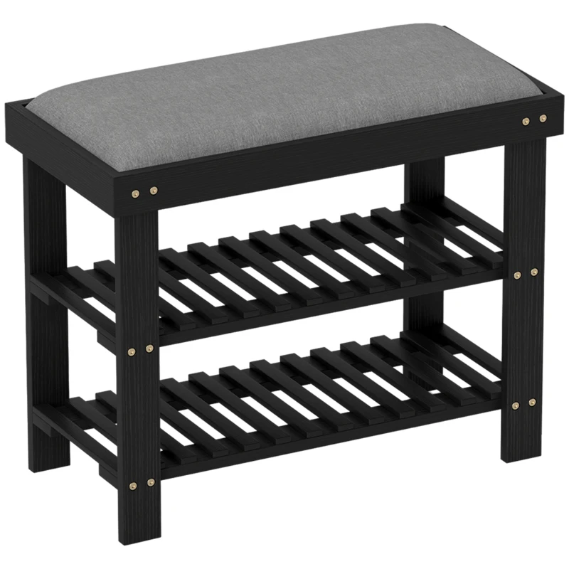 HOMCOM Bamboo Shoe Storage Bench, 3-Tier Entryway Bench with Cushion, Shoe Organizer for Entryway, Hallway, Black